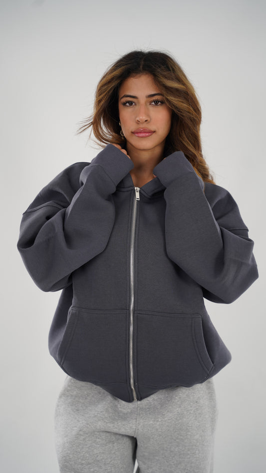 Premium Gray Zip-Up Hoodie - Oversized