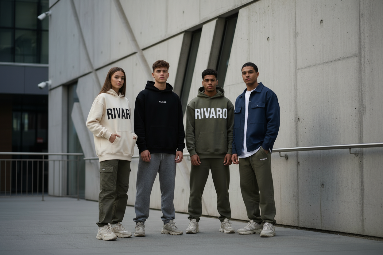 صورة بنر سينمائية لموقع أزياء شبابى يحمل اسم RIVARO.
المشهد طبيعي وواقعي بتصميم شبابي وعصري مستوحى من ستايل الشارع (Streetwear).
يظهر في الصورة شبان وبنت أعمارهم بين 14:20 يرتدون هودي وسويت بانس وايدلج أوفر سايز مكتوب عليها شعار RIVARO فقط.
الإضاءة ناعمة والجو العام راقٍ ومودرن، بخلفيةمباسبة.
بدون أي كتابة أو شعارات إضافية أو أزرار (مثل "اشترِ الآن" أو "السلوغن").
المطلوب صورة نظيفة وسينمائية تركز على الستايل والثقة والطابع الشبابي.