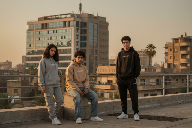 صورة بنر سينمائية لموقع أزياء شبابى يحمل اسم RIVARO.
المشهد طبيعي وواقعي بتصميم شبابي وعصري مستوحى من ستايل الشارع (Streetwear).
يظهر في الصورة شبان وبنت أعمارهم بين 14:20 يرتدون هودي وسويت بانس وايدلج أوفر سايز مكتوب عليها شعار RIVARO فقط.
الإضاءة ناعمة والجو العام راقٍ ومودرن، بخلفيةمباسبة.
بدون أي كتابة أو شعارات إضافية أو أزرار (مثل "اشترِ الآن" أو "السلوغن").
المطلوب صورة حية طبيعية بملامح مصرية للولدين والبنت .