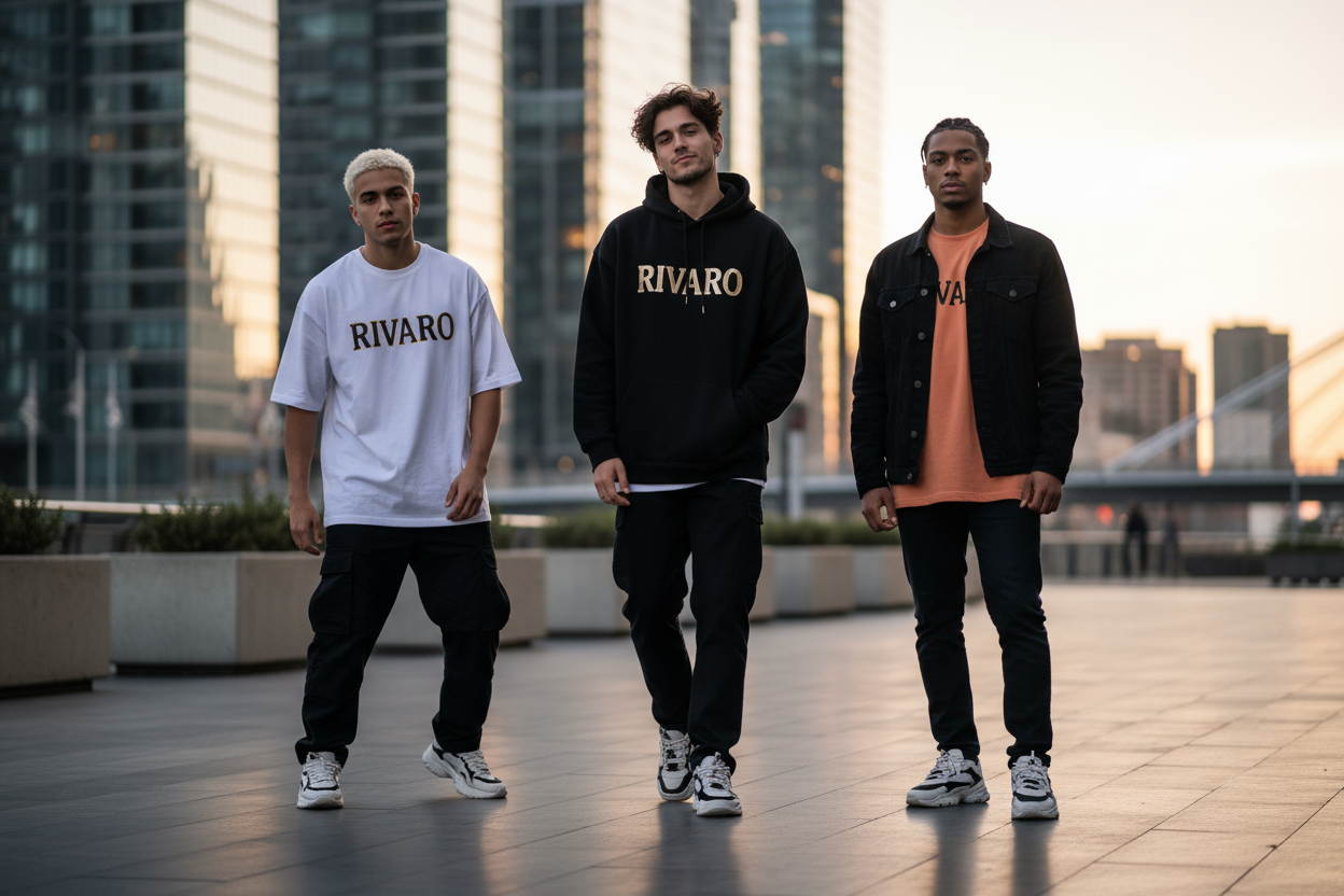 صورة بنر سينمائية لموقع أزياء رجالي يحمل اسم RIVARO.
المشهد طبيعي وواقعي بتصميم شبابي وعصري مستوحى من ستايل الشارع (Streetwear).
يظهر في الصورة شباب من جيل Z يرتدون هودي وتيشيرتات أوفر سايز مكتوب عليها شعار RIVARO فقط.
الإضاءة ناعمة والجو العام راقٍ ومودرن، بخلفية مدينة حديثة أو استوديو بسيط.
بدون أي كتابة أو شعارات إضافية أو أزرار (مثل "اشترِ الآن" أو "السلوغن").
المطلوب صورة نظيفة وسينمائية تركز على الستايل والثقة والطابع الشبابي.
الألوان المستخدمة: أسود × أبيض × لمسة دهبي أو برتقالي لتعكس هوية براند RIVA